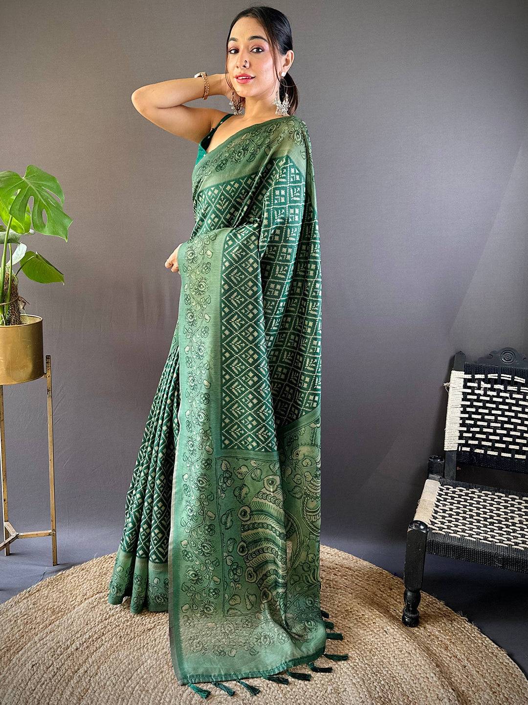 Bottle Green Patola Kalamkari Saree
