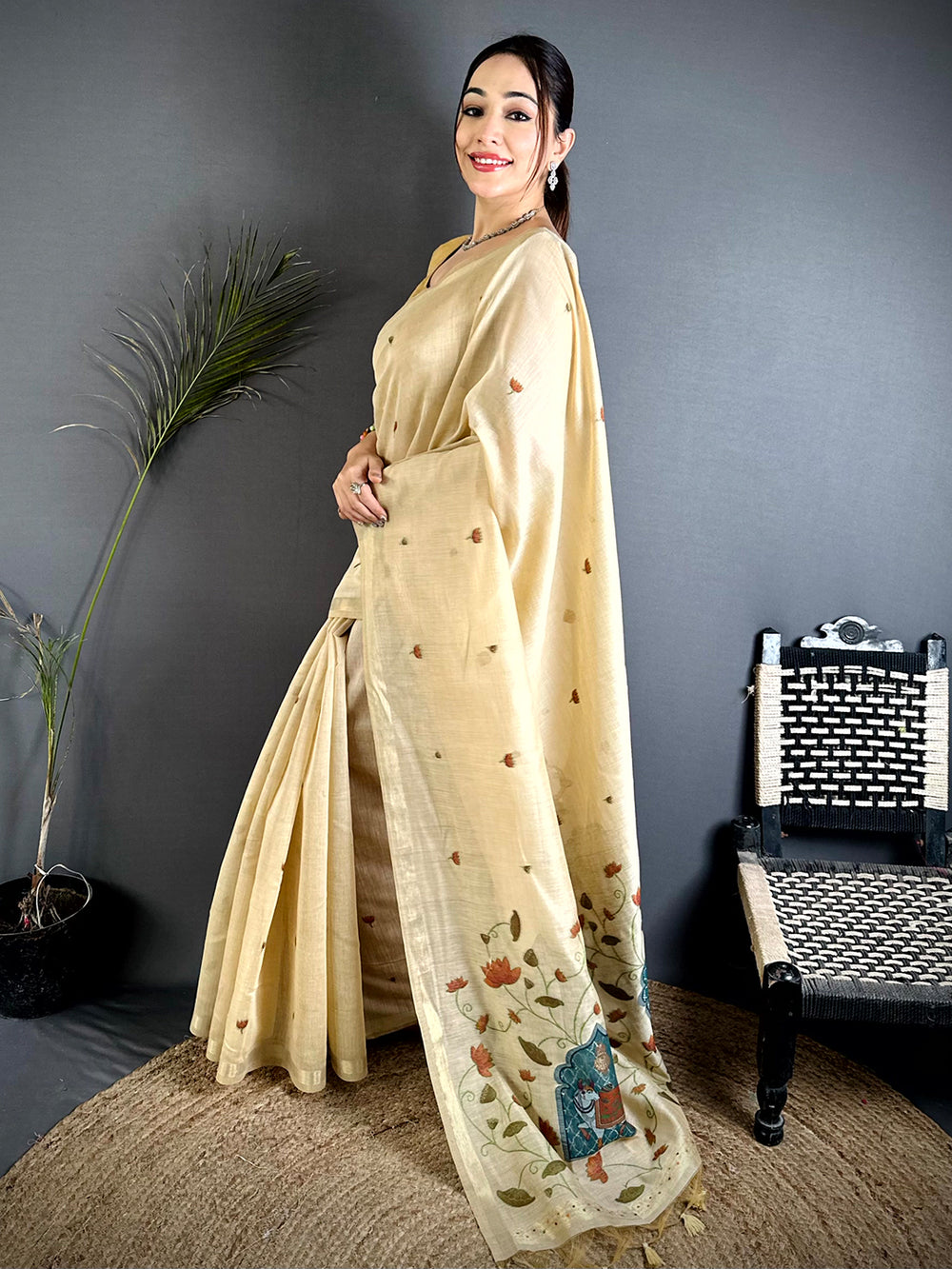 Pichwai Minakari Cotton Linen Saree