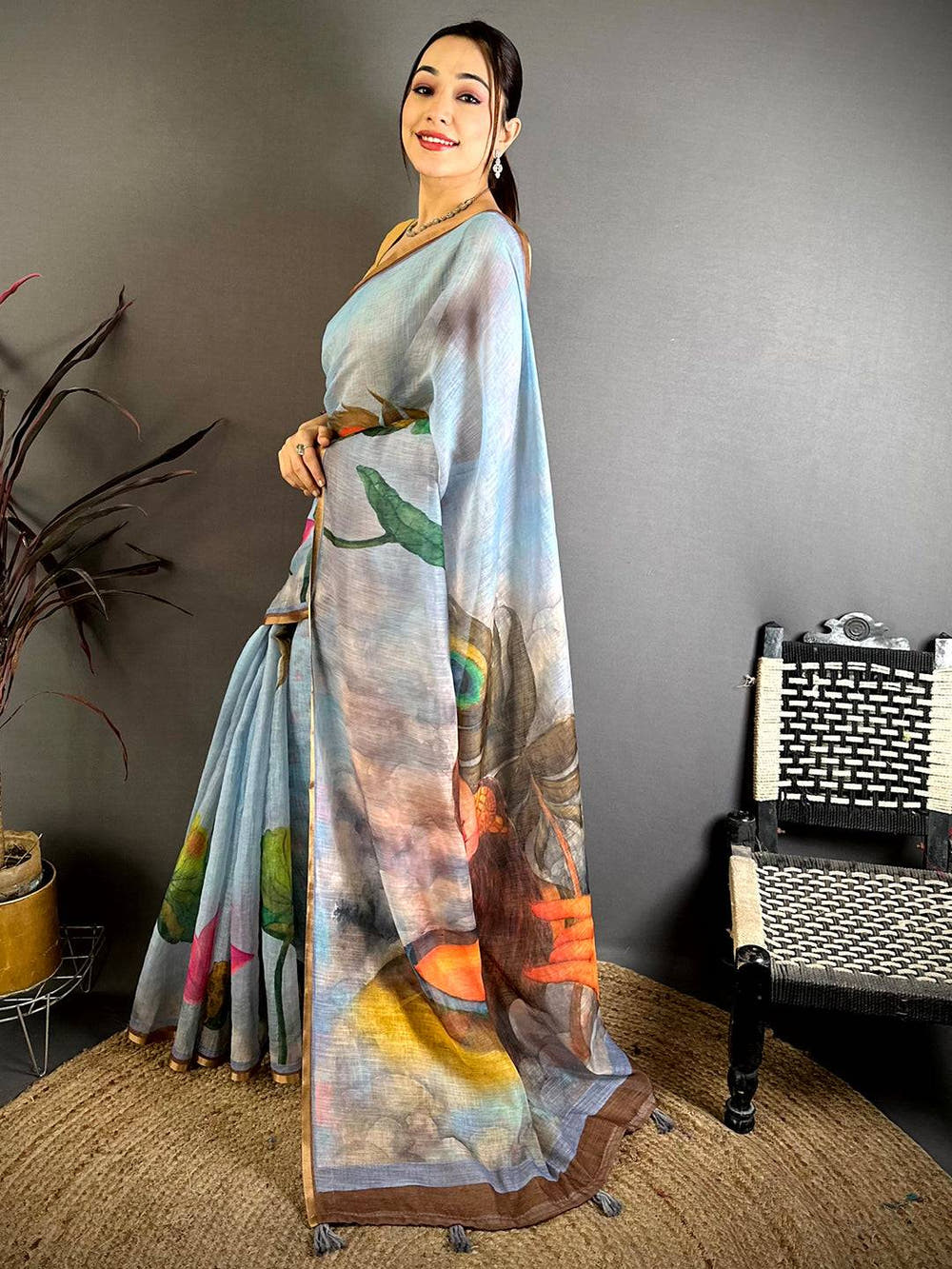 Sky Blue Pen Kalamkari Linen Saree


