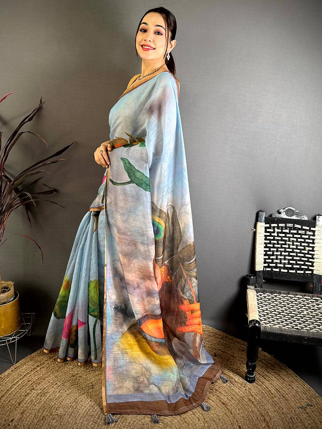 Sky Blue Pen Kalamkari Linen Saree


