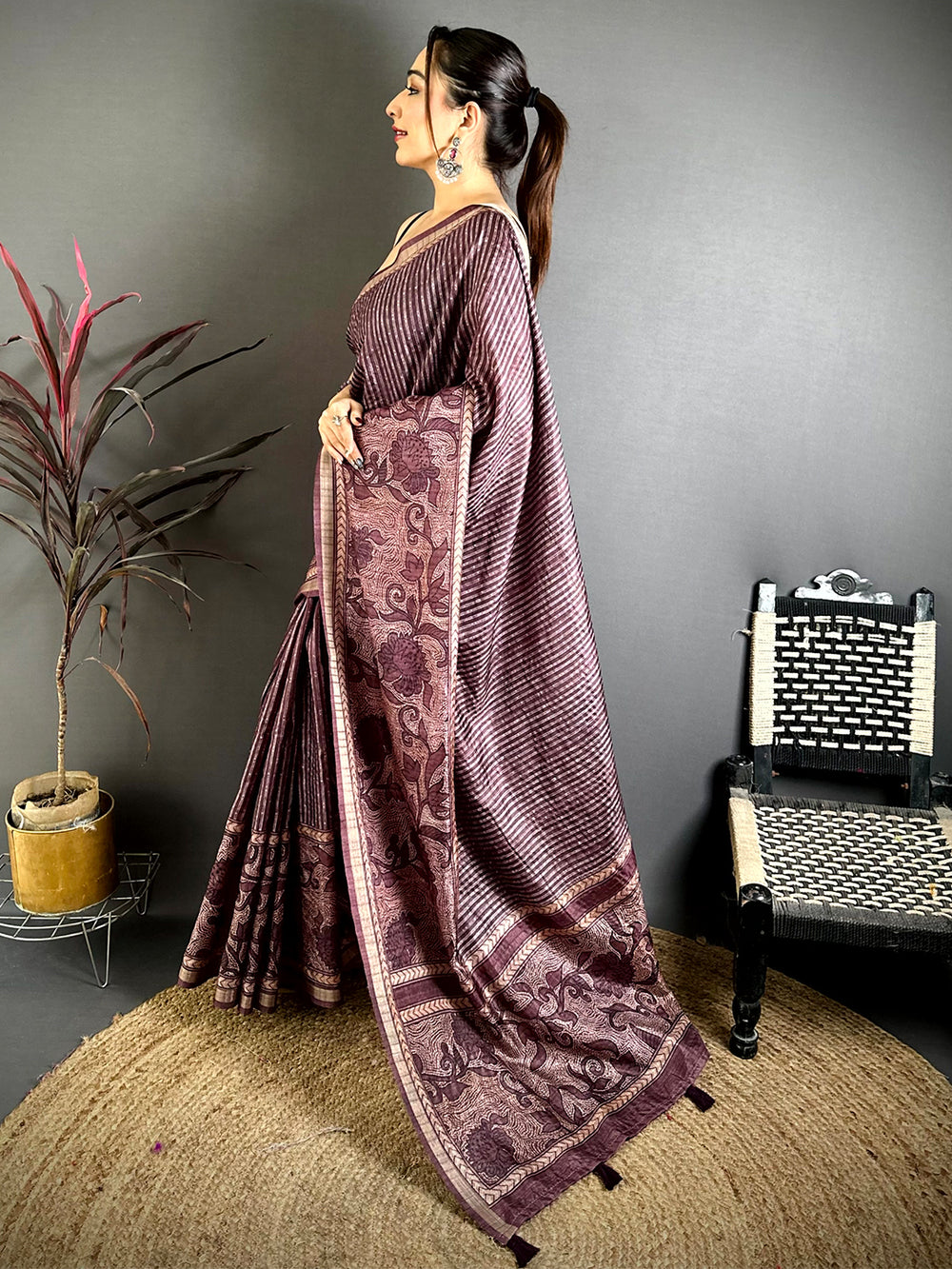 Brown Digital Katha Work Saree