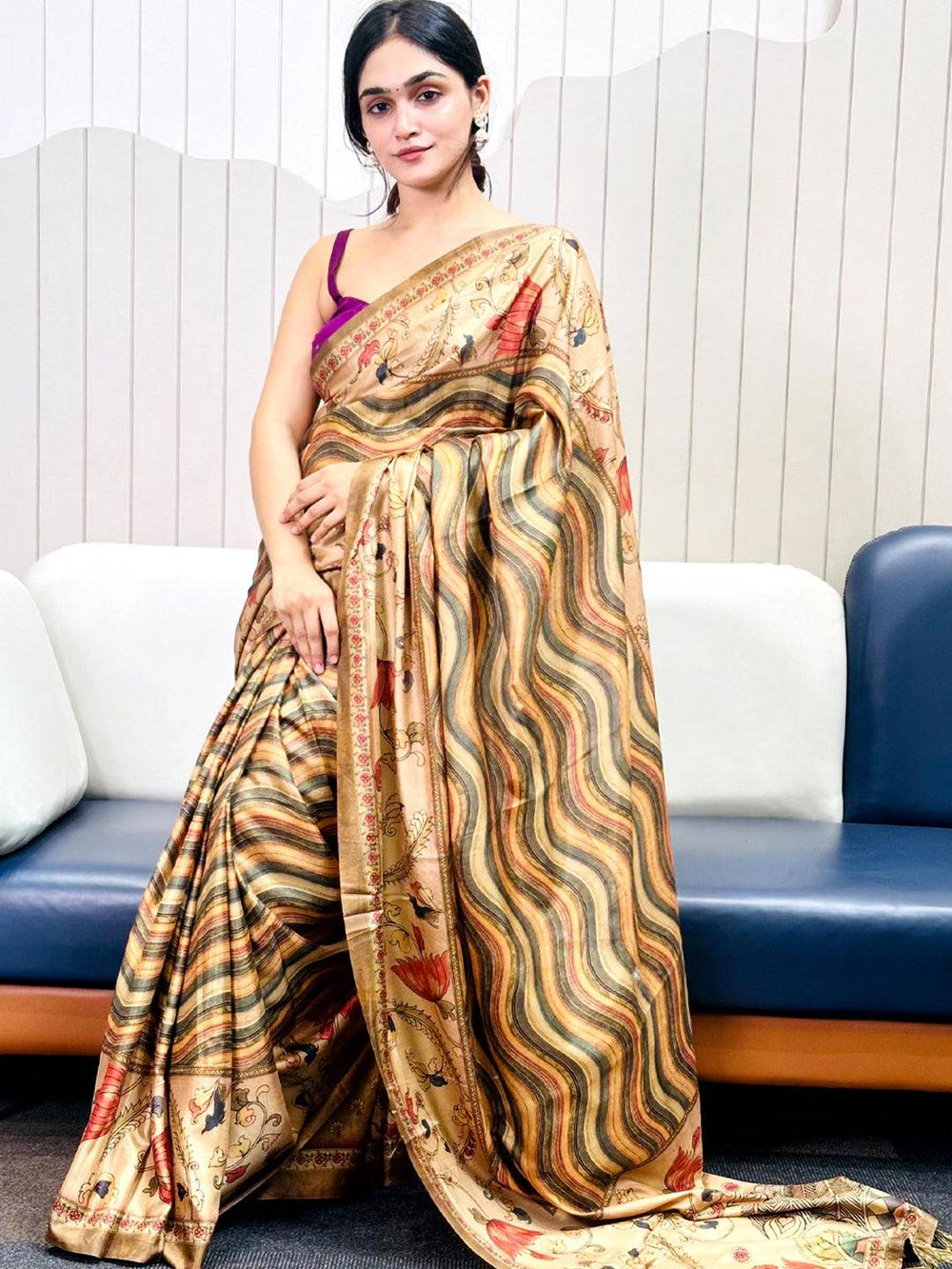 Elegant Olive Tussar Silk Saree with Leheriya and Floral Design
