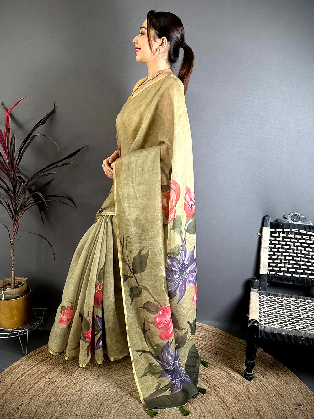 Regal Kalamkari Linen Chanderi Saree