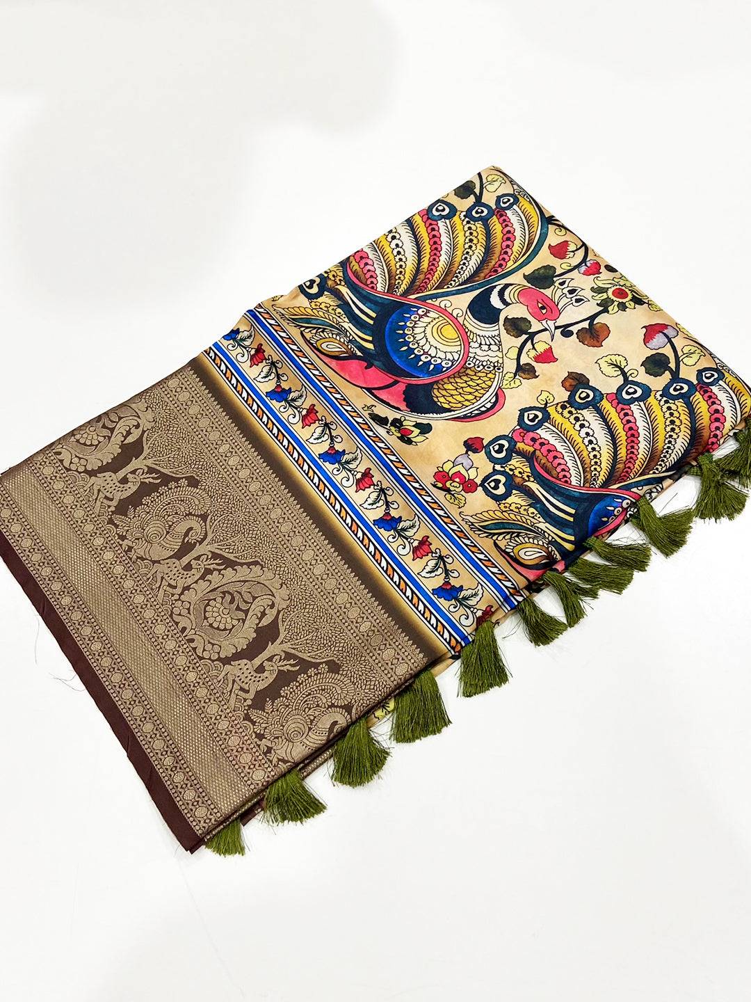 Olive Kalamkari Digital Print Pattu Saree