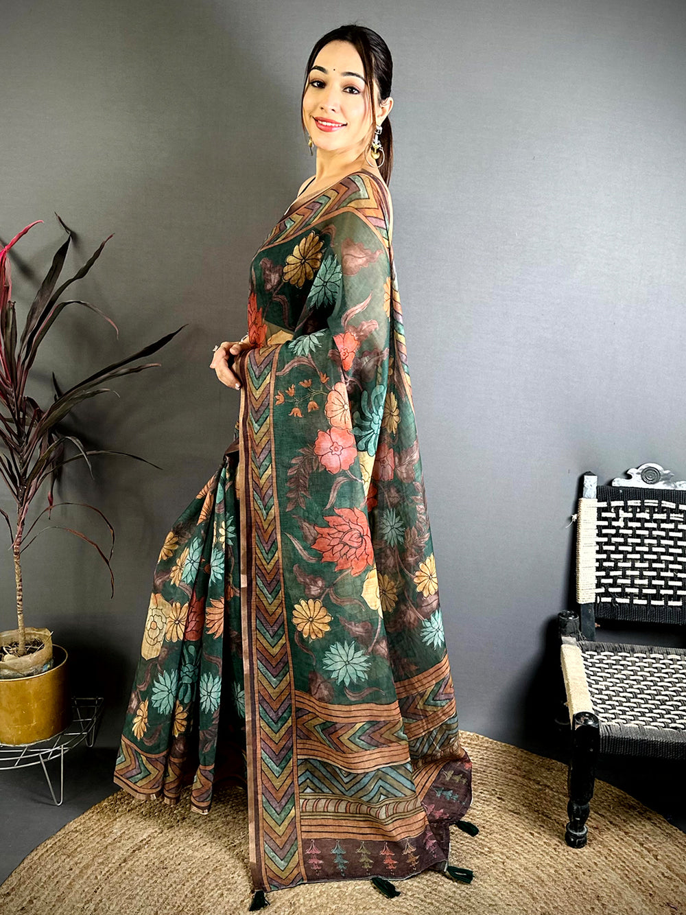 Green Kalamkari Linen Chanderi Saree