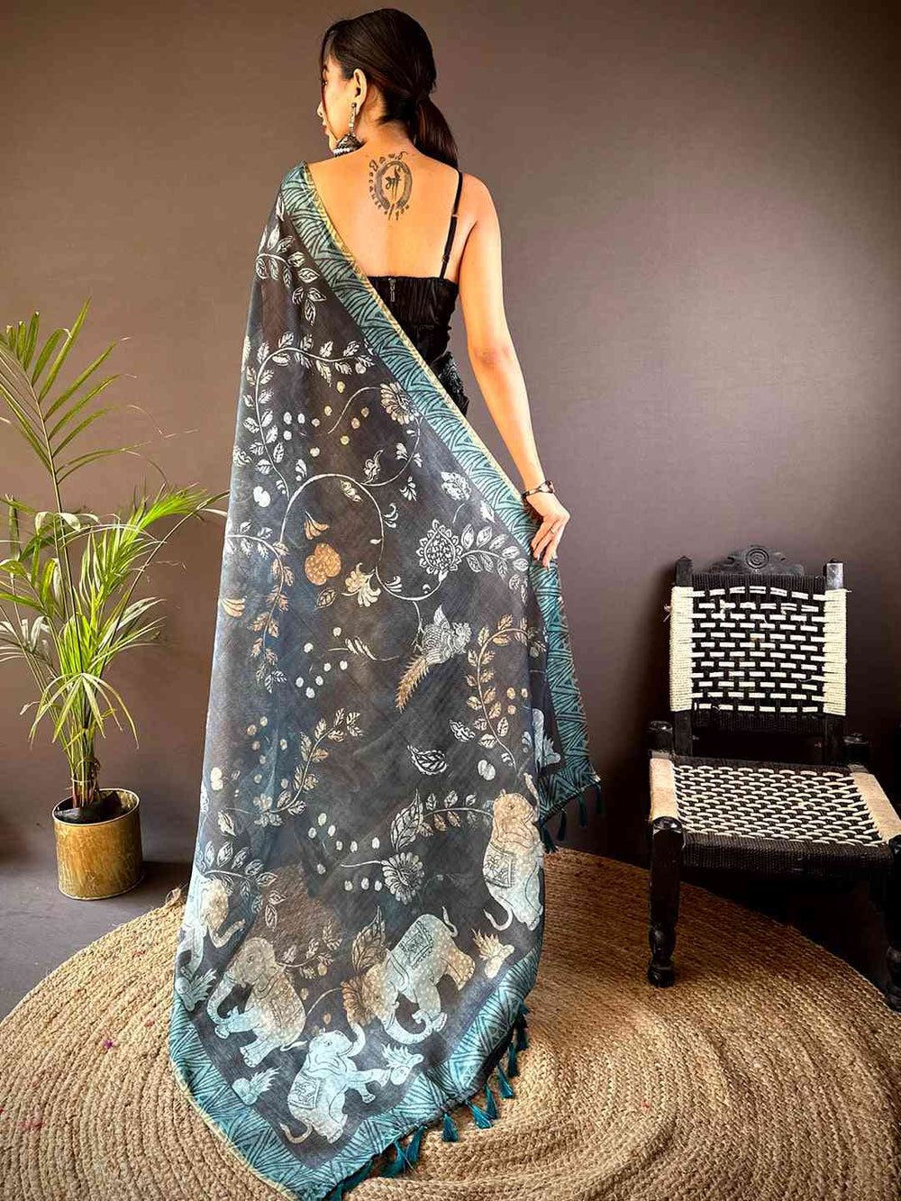 Navy Kalamkari Block Print Chanderi Saree