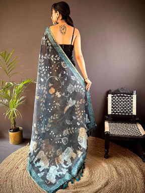 Navy Kalamkari Block Print Chanderi Saree