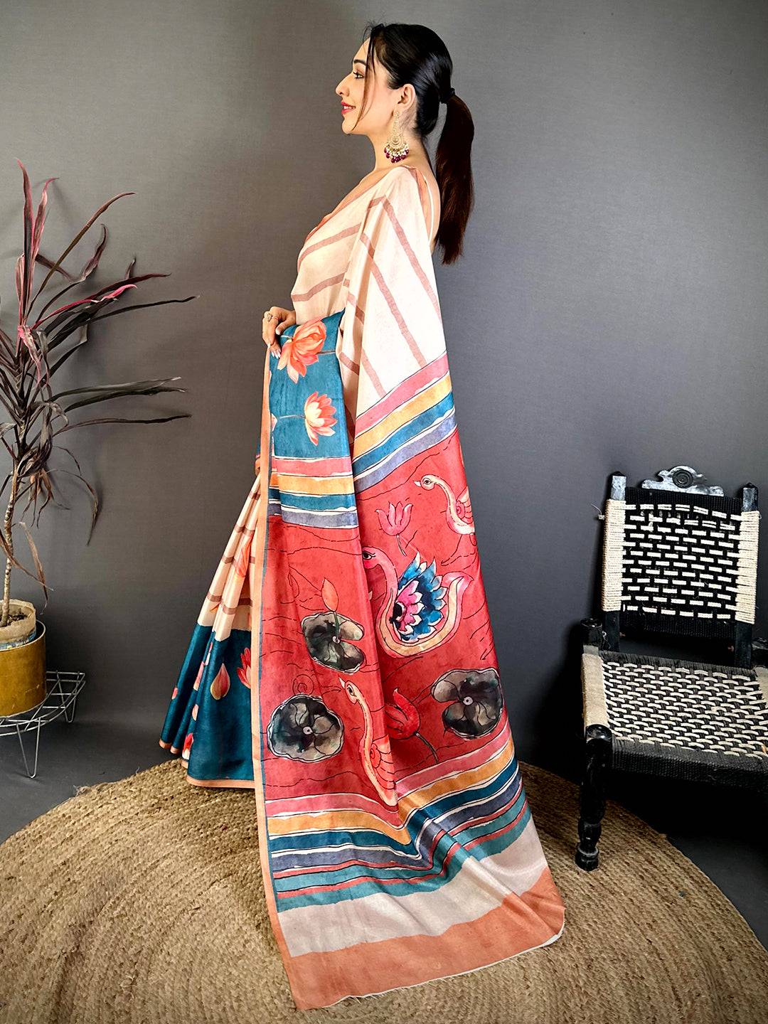 Vibrant Kalamkari Art Tussar Saree