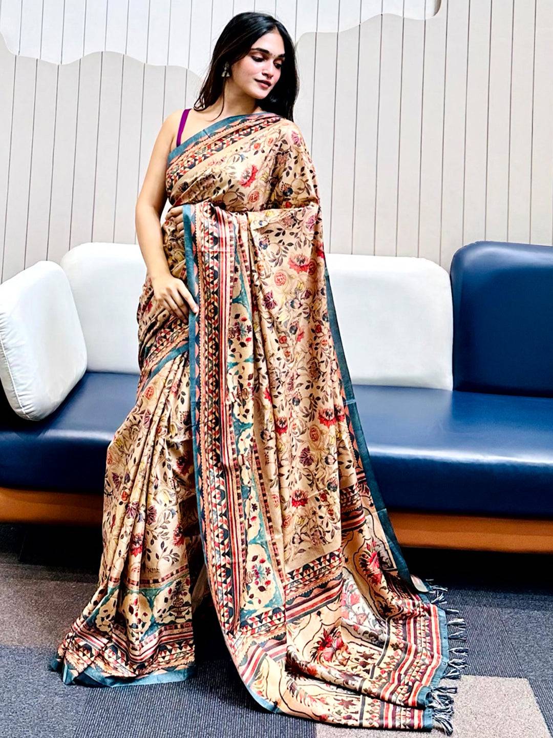 Elegant Chiku Tussar Silk Flower Pashmina Print Saree