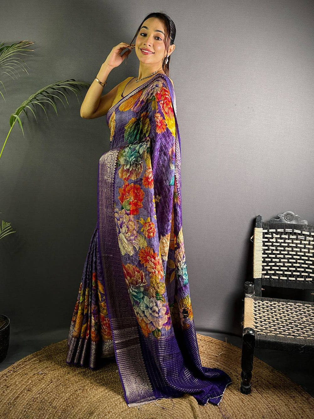 Violet Pure Viscose Kalalmkari Print Saree

