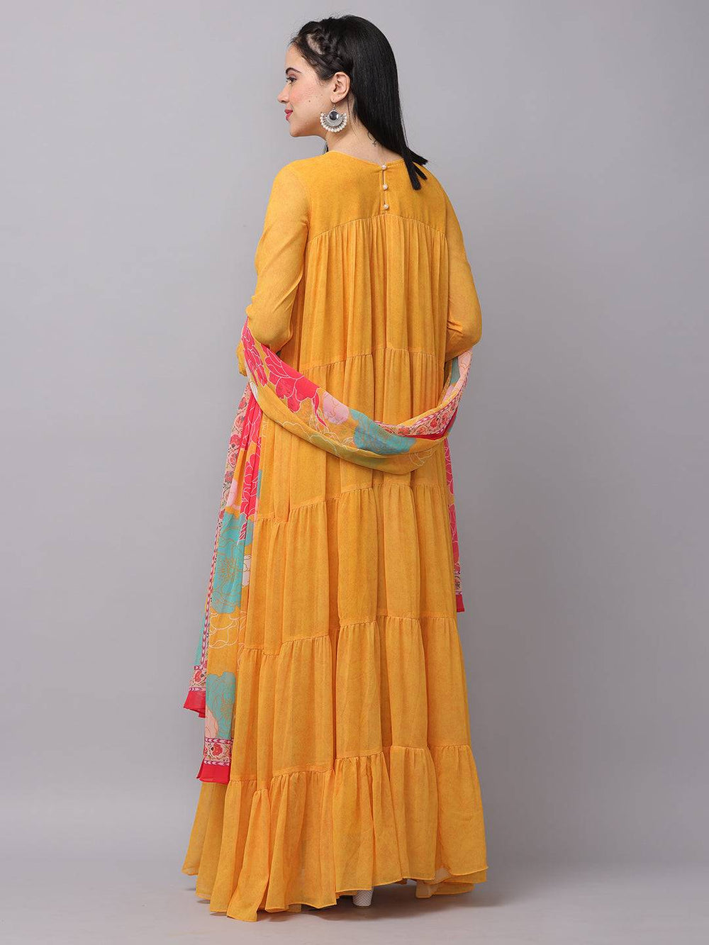 Sunlit Mustard Flared Long Dress back view