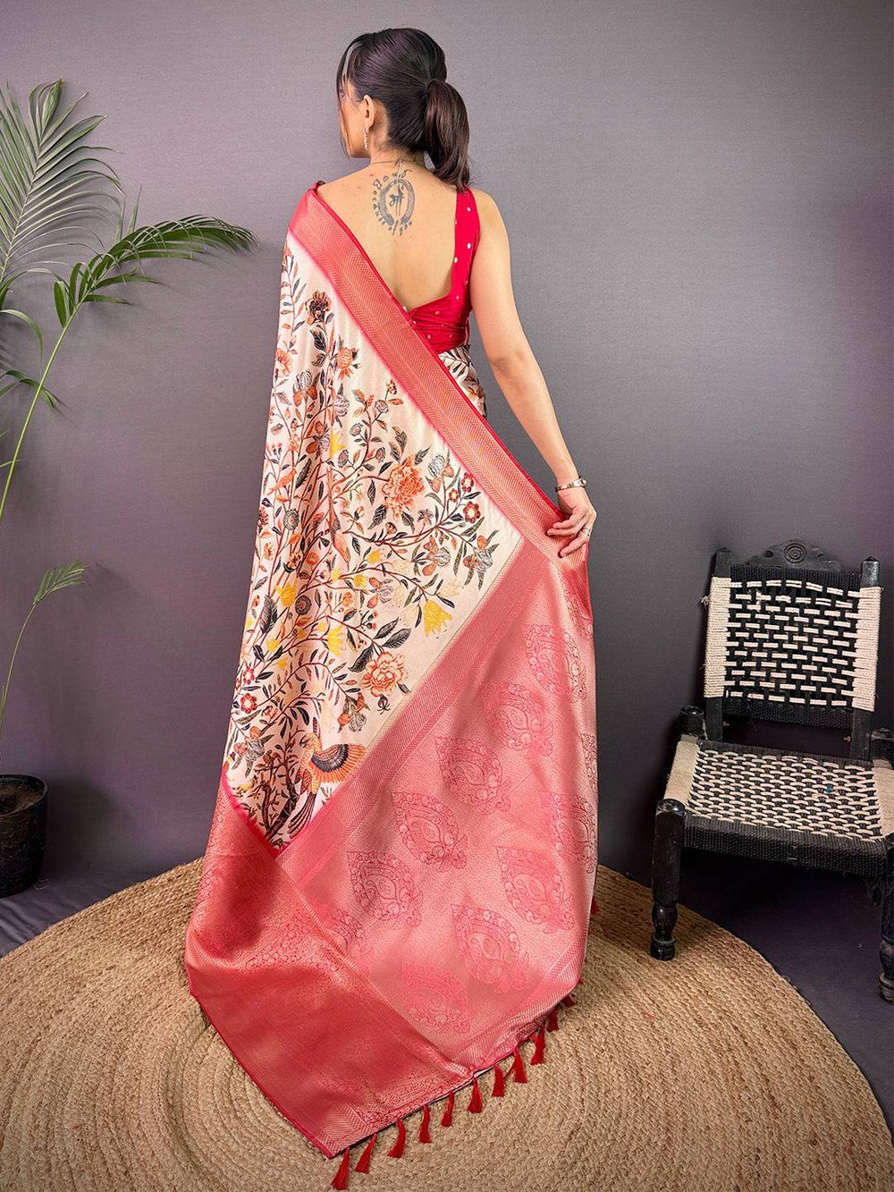 Ivory Cherry Satin Kalamkari Saree