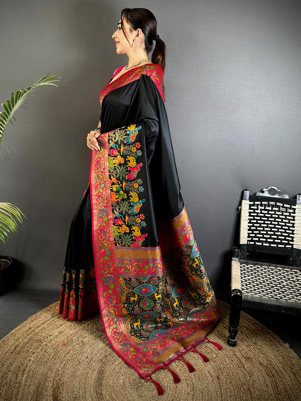 Black Soft Semi Silk Minakari Weave Saree


