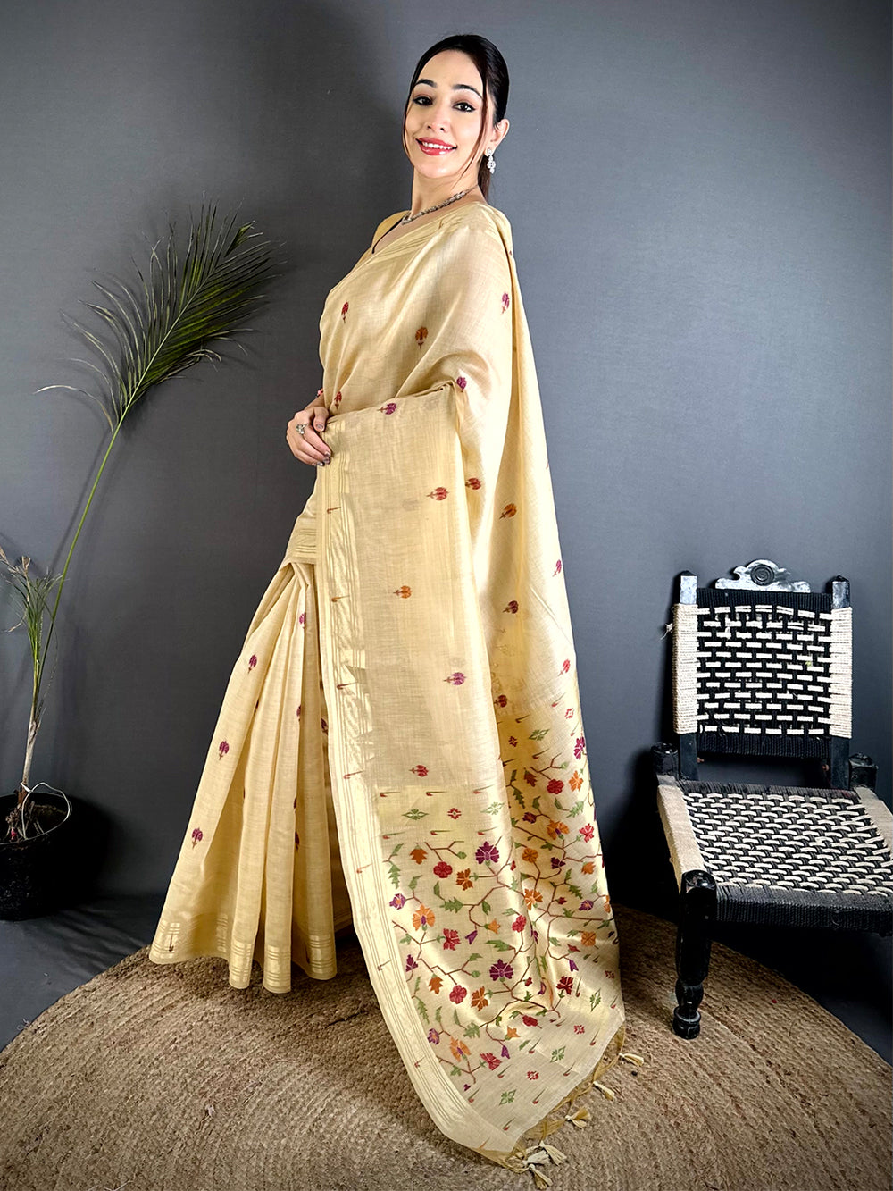 Cream Geometric Patola Khadi Linen Saree