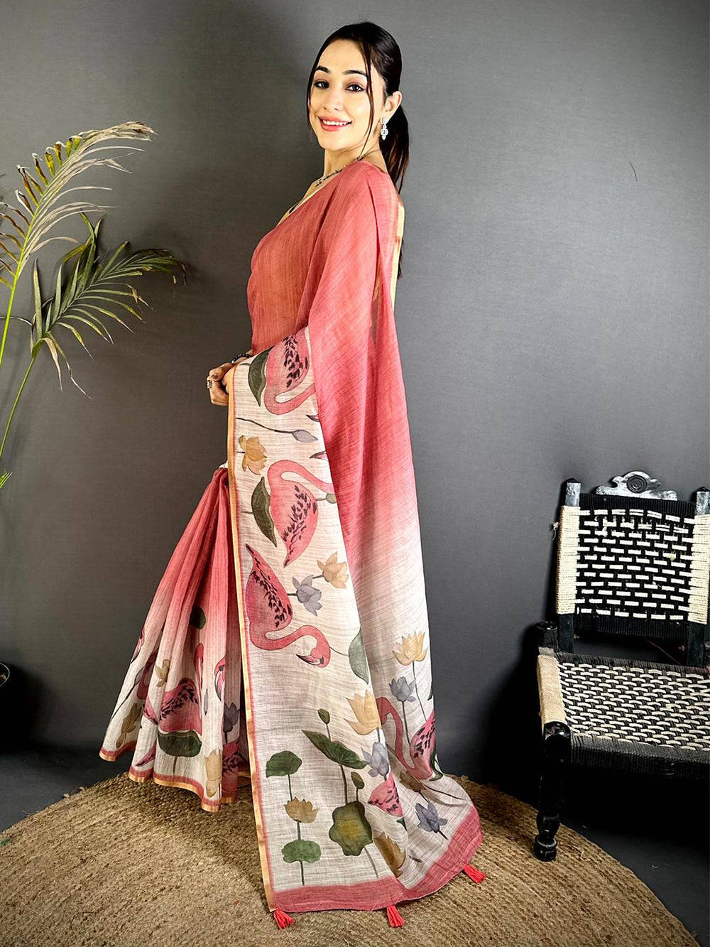 Pink Swan Gold Zari Linen Saree