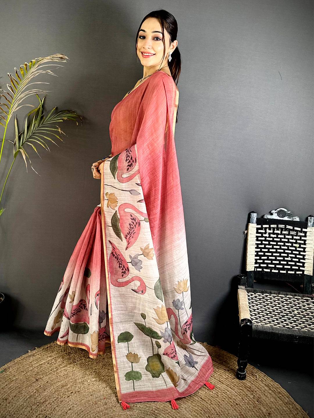 Pink Swan Gold Zari Linen Saree