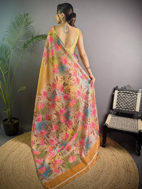Mustard Yellow  Linen Juth Digital Print Saree