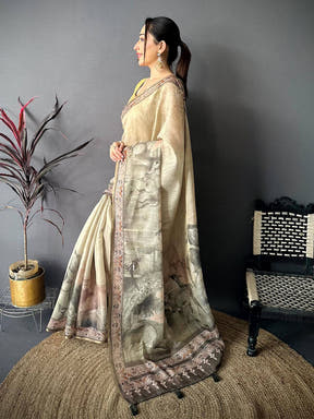 Classic Art Poster Pallu Kalamkari Linen Saree
