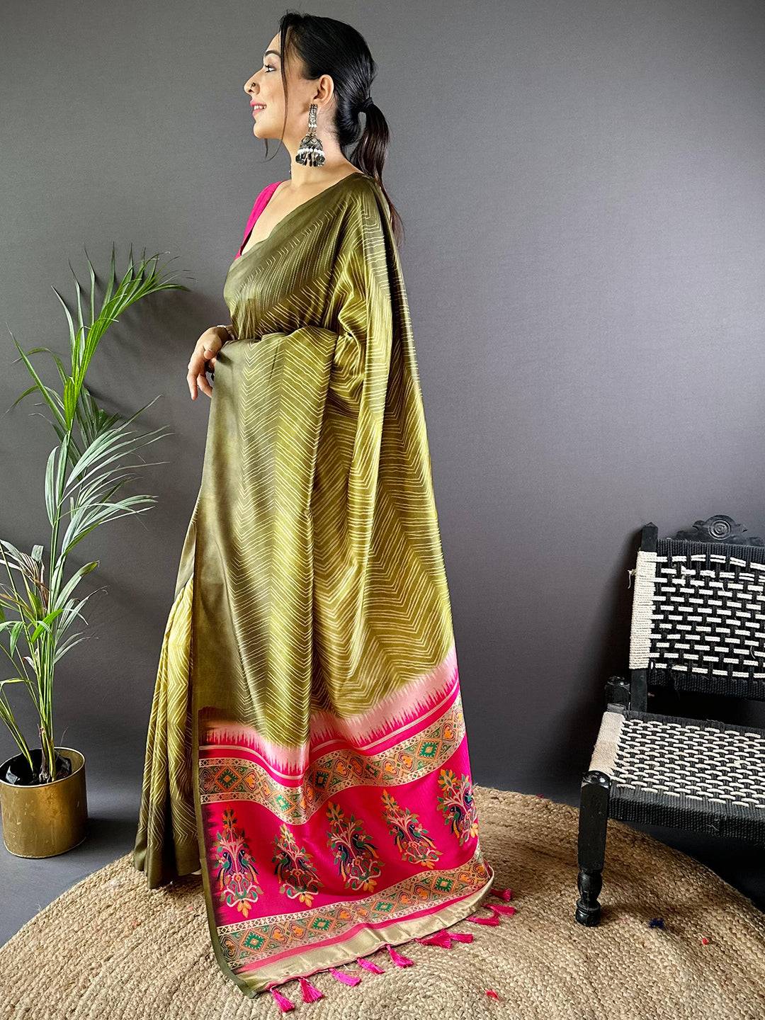 Olive Leheriya Gamthi Silk Sarees