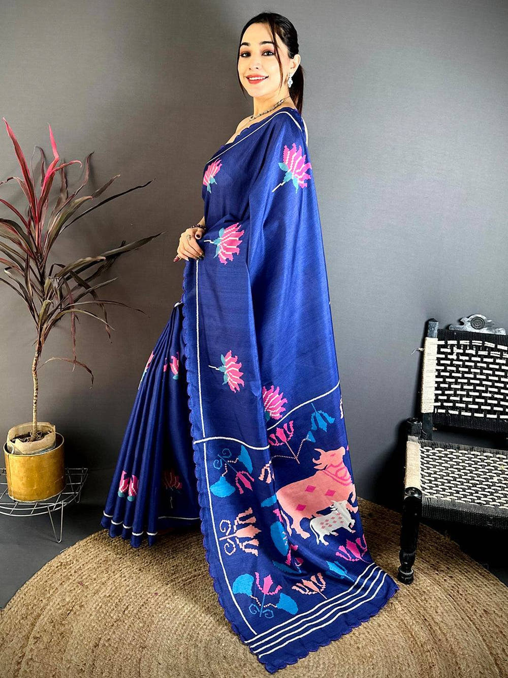Regal Navy Tussar Thread Cut Work Saree