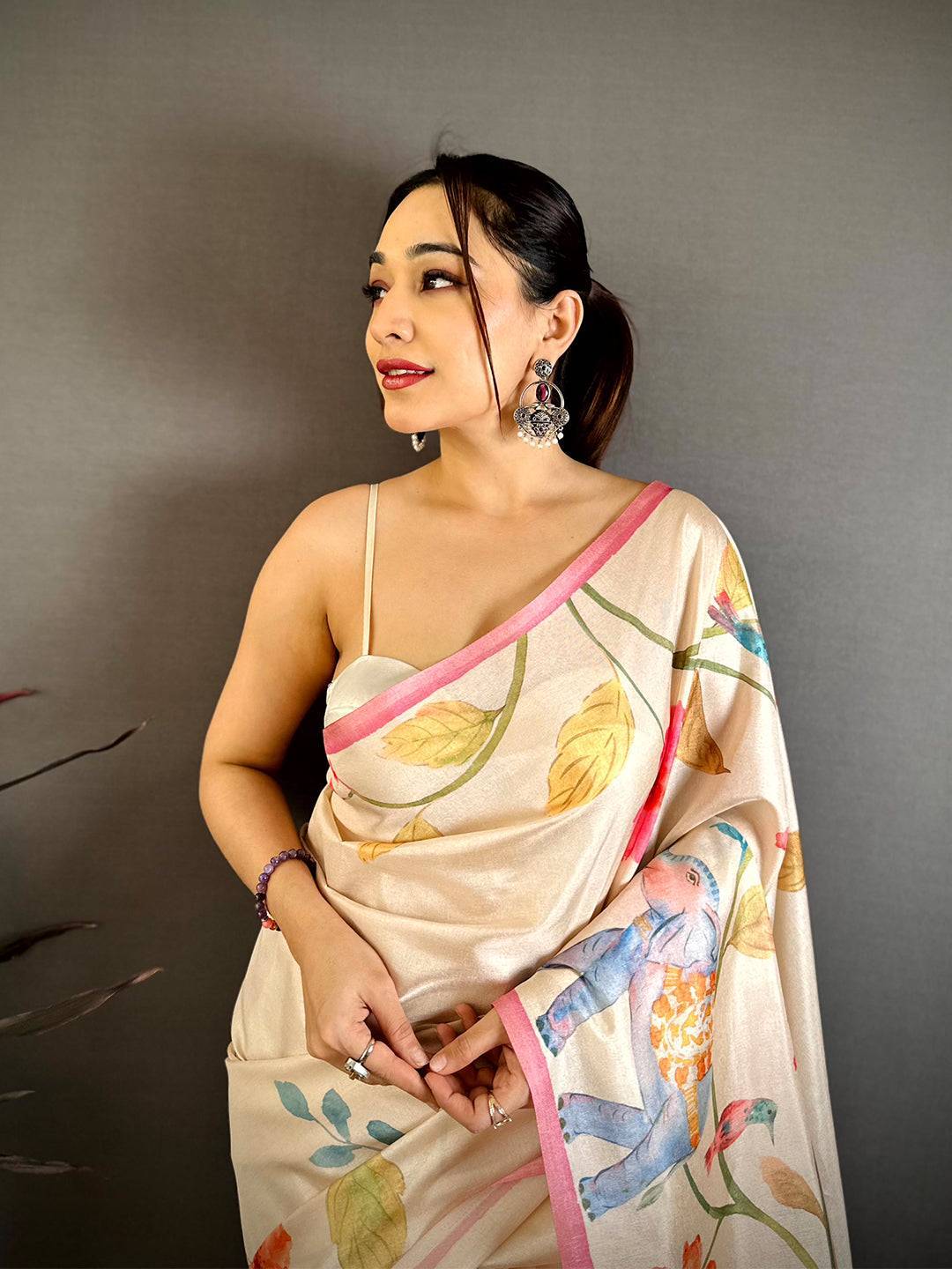 Peach Tussar Floral Water Block Saree
