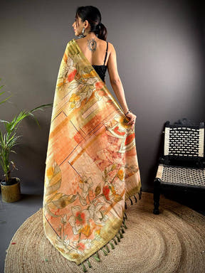 Olive Tussar Silk Lush Botanical Prints Saree