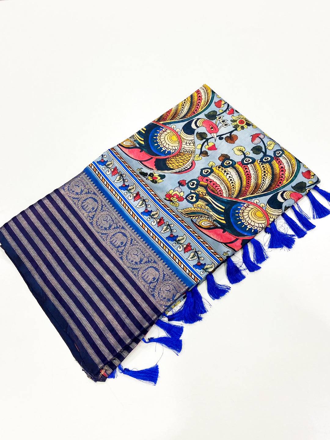Blue Kalamkari Digital Print Pattu Saree
