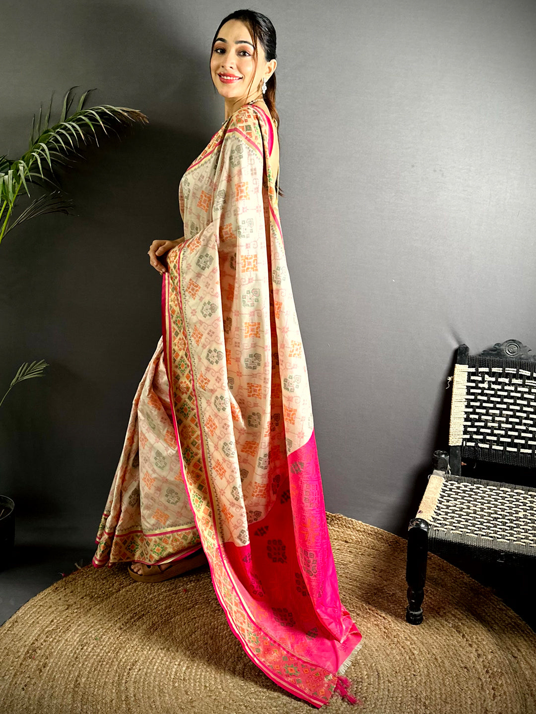 White Pochampally Patola Soft Silk Saree