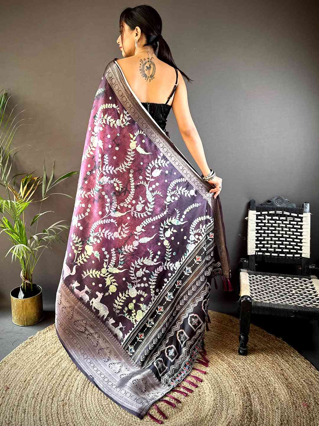 Lavender Floral Animal Batik Soft Silk Saree