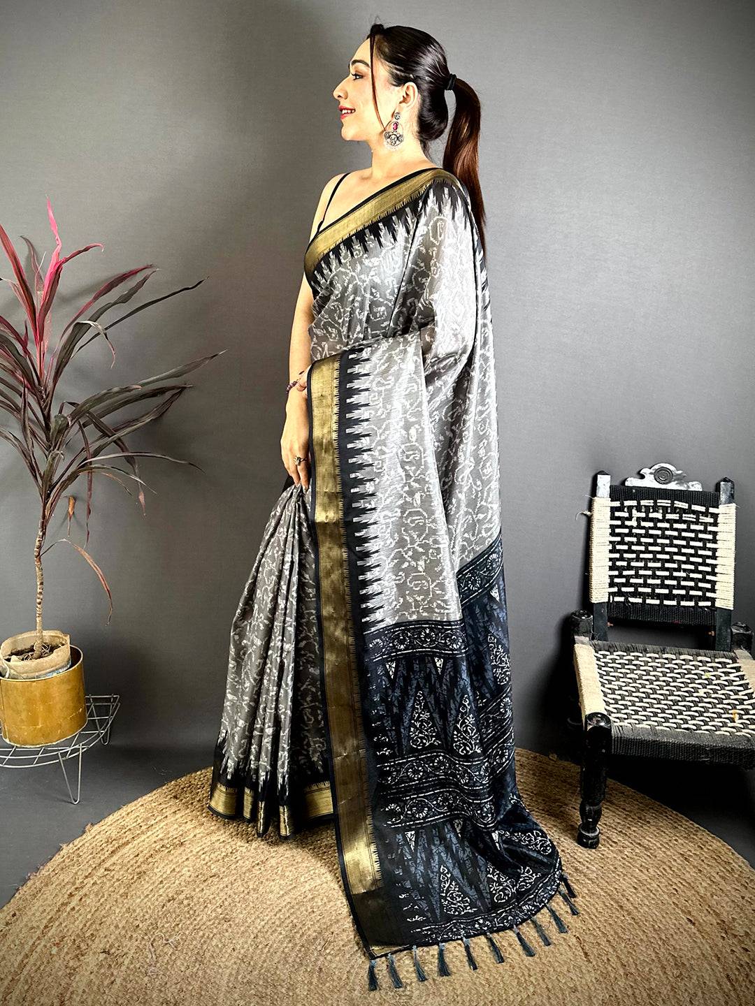Black Pearl Ikkat Dola Silk Saree