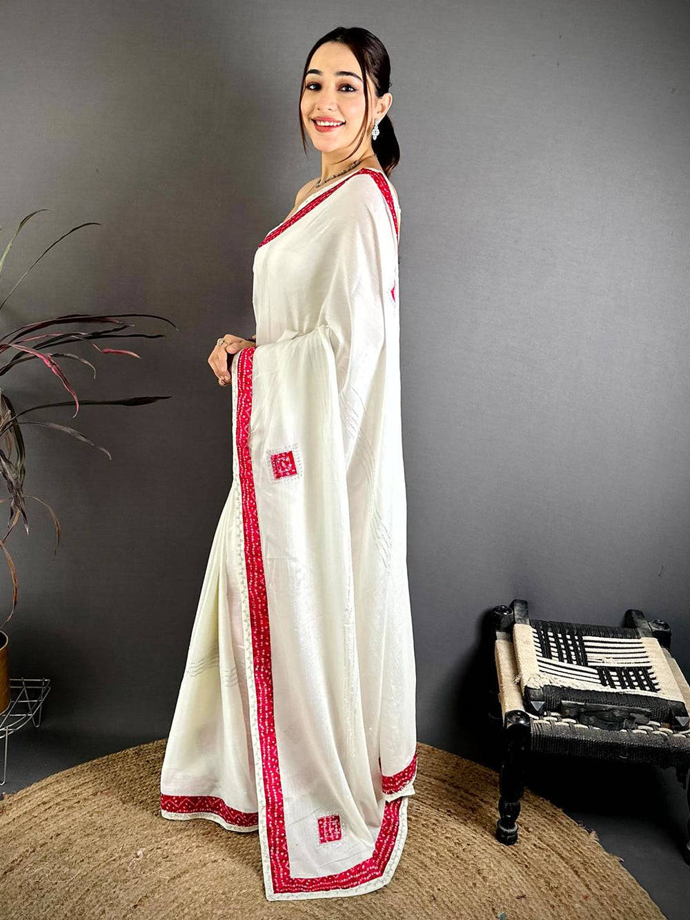 Pink Bandhej Butta Chiffon Saree