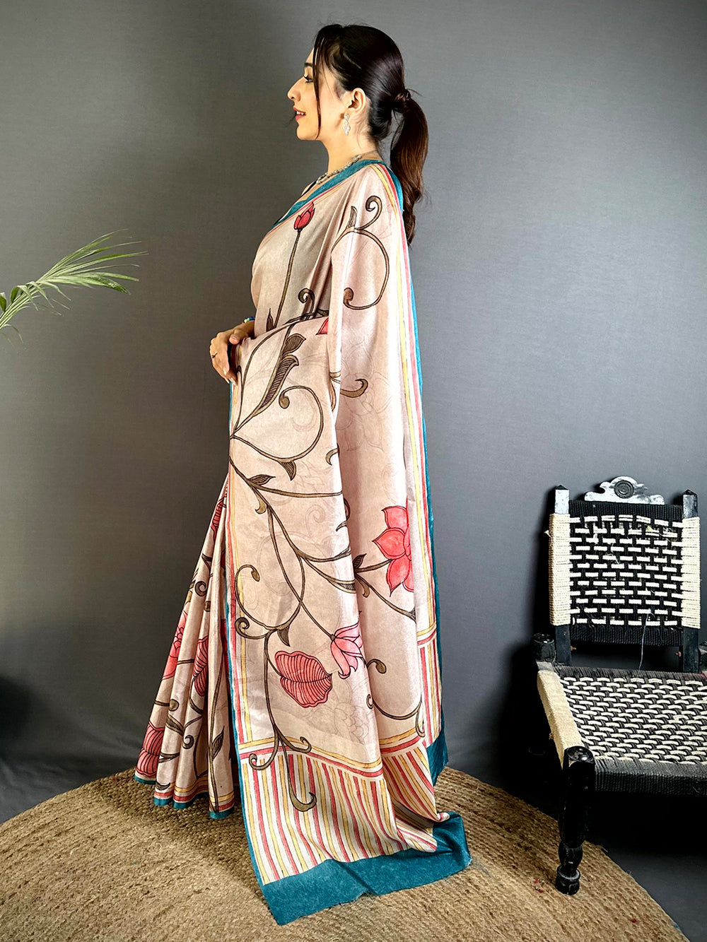 Artistic Flora Kalamkari Tussar Saree