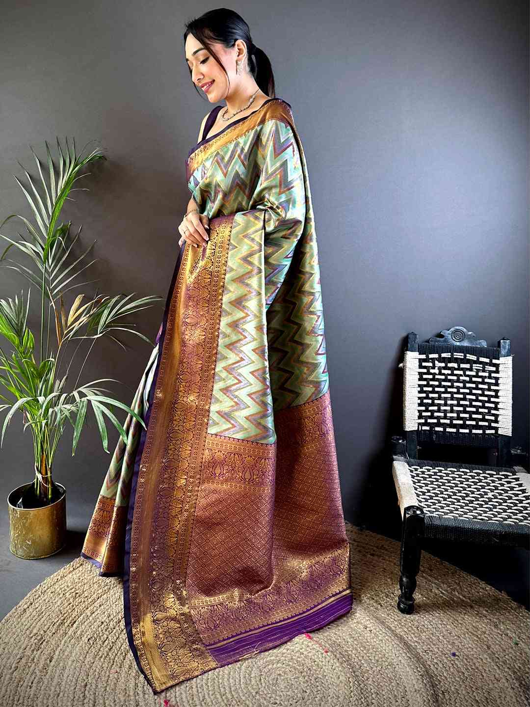 Majestic Brown Zigzag Dharmavaram Silk Saree