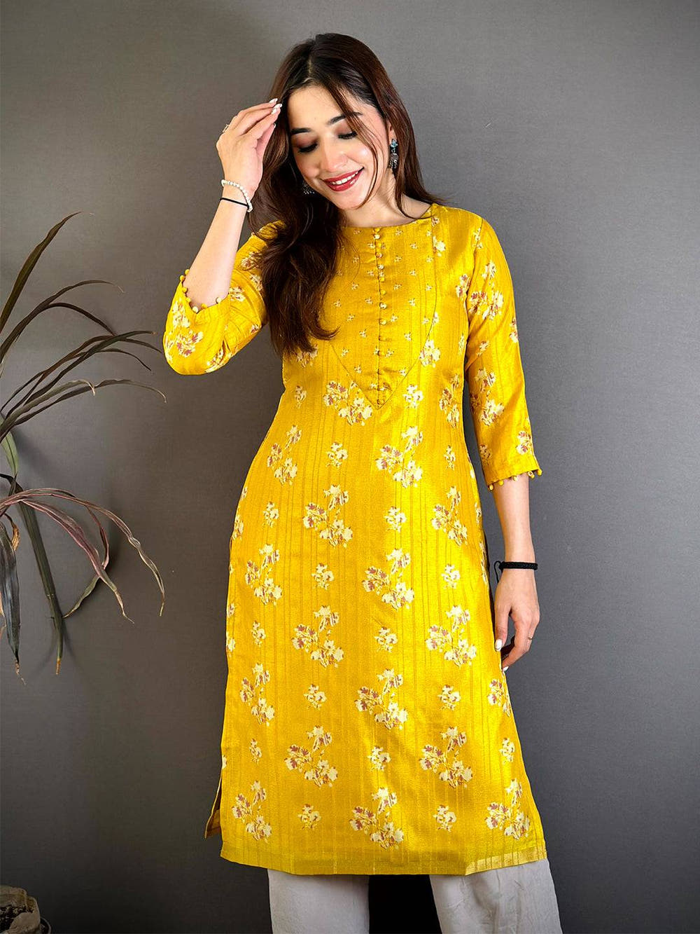 Yellow V Neck Tussar Ghicha Ethnic Kurti