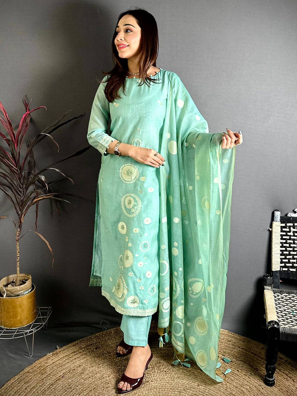 Mint Aura Floral Handwork Suit Set