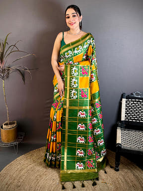 Elegant Yellow Green Ikkat Patola Silk Saree