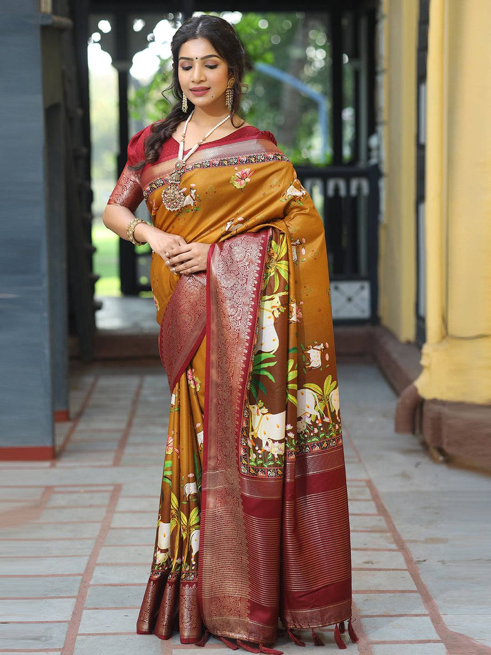 Pichwai Print Zari Weaving Pallu Saree In Mustard Colour