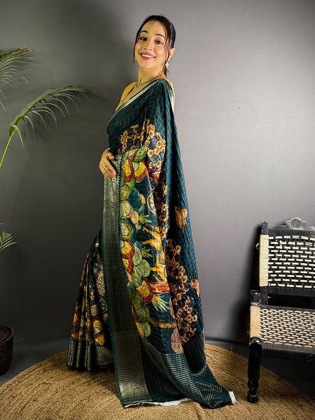 Green Pure Viscose Kalalmkari Print Saree

