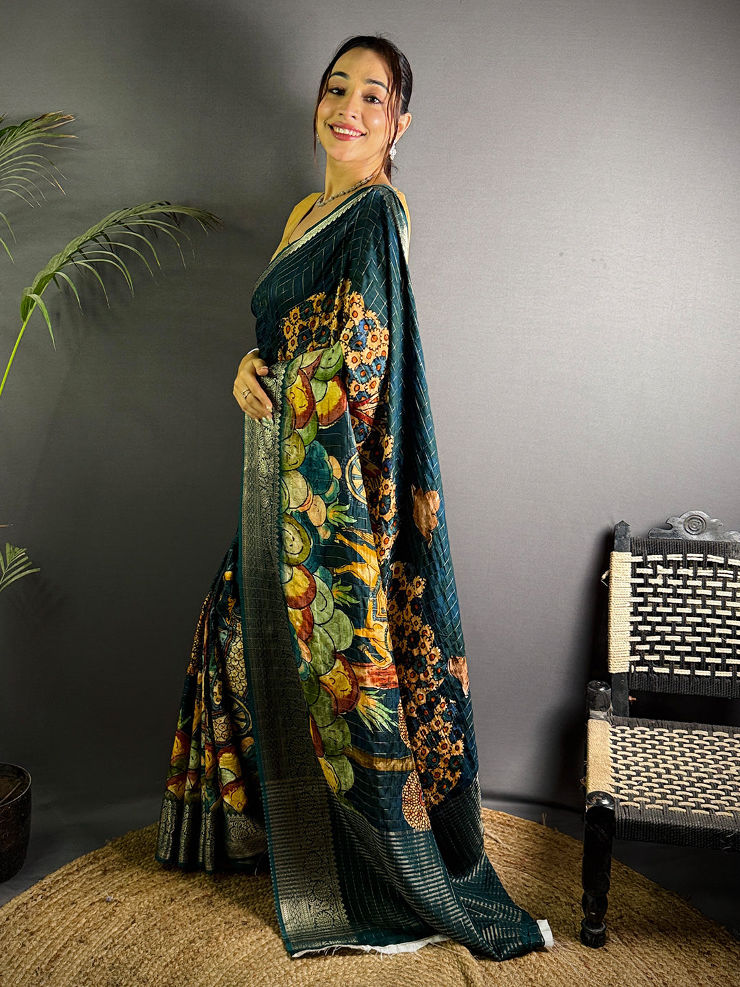 Green Pure Viscose Kalalmkari Print Saree