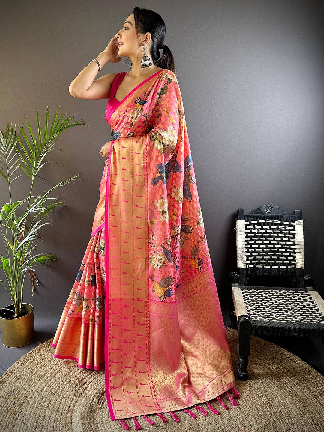 Pink Floral Paithani Kora Silk Saree