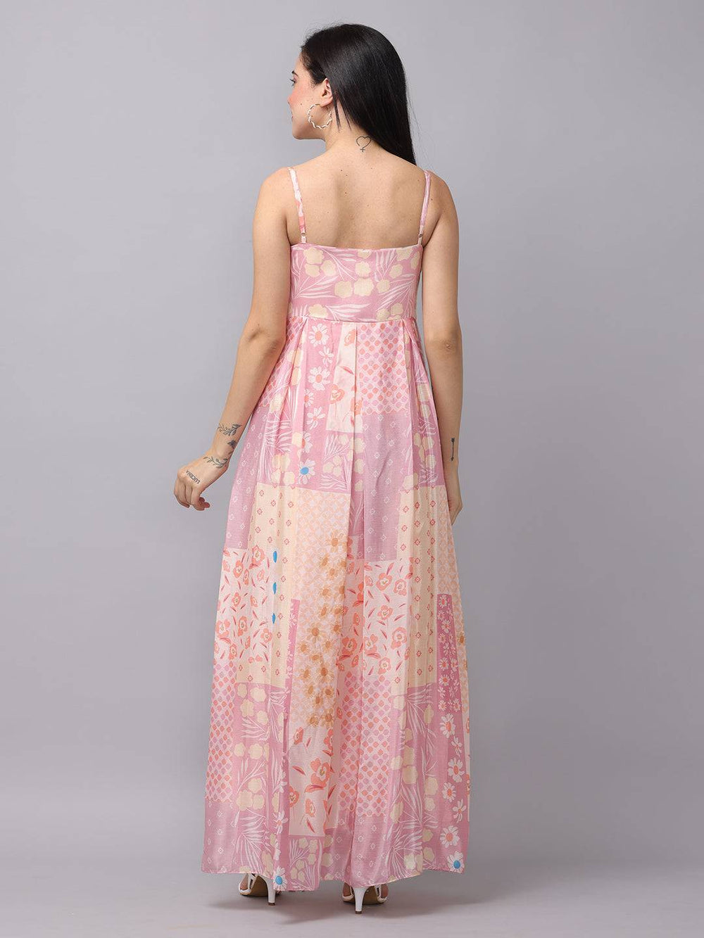Lavender sweetheart neck dress, back view