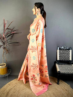 Peach Tussar Floral Digital Art Saree
