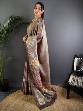 Regal Brown Tussar Ghicha Silk Saree