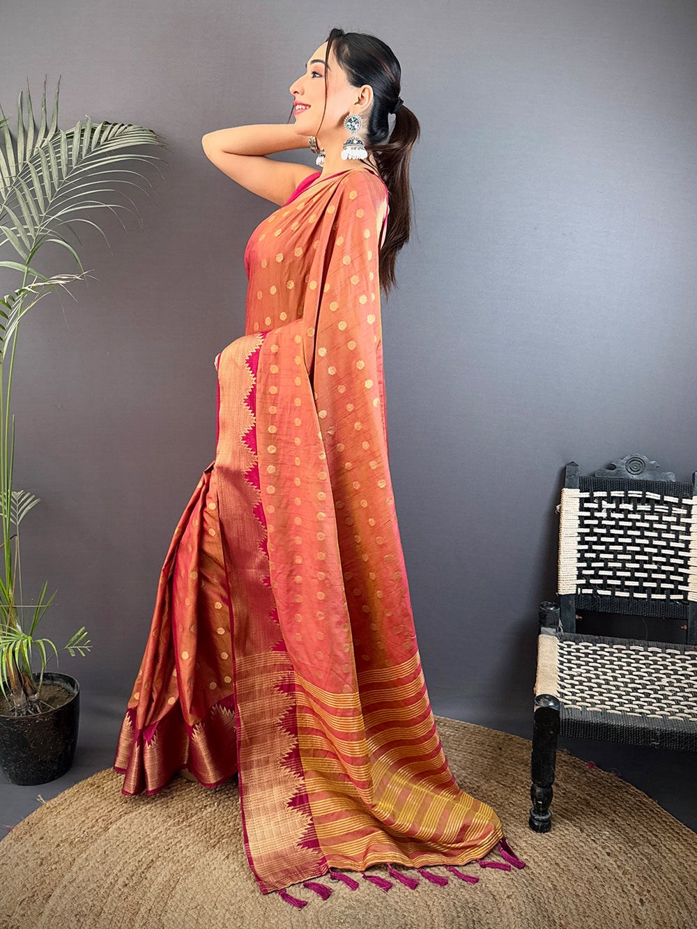 Brown Hand Dyed Raw Silk Saree