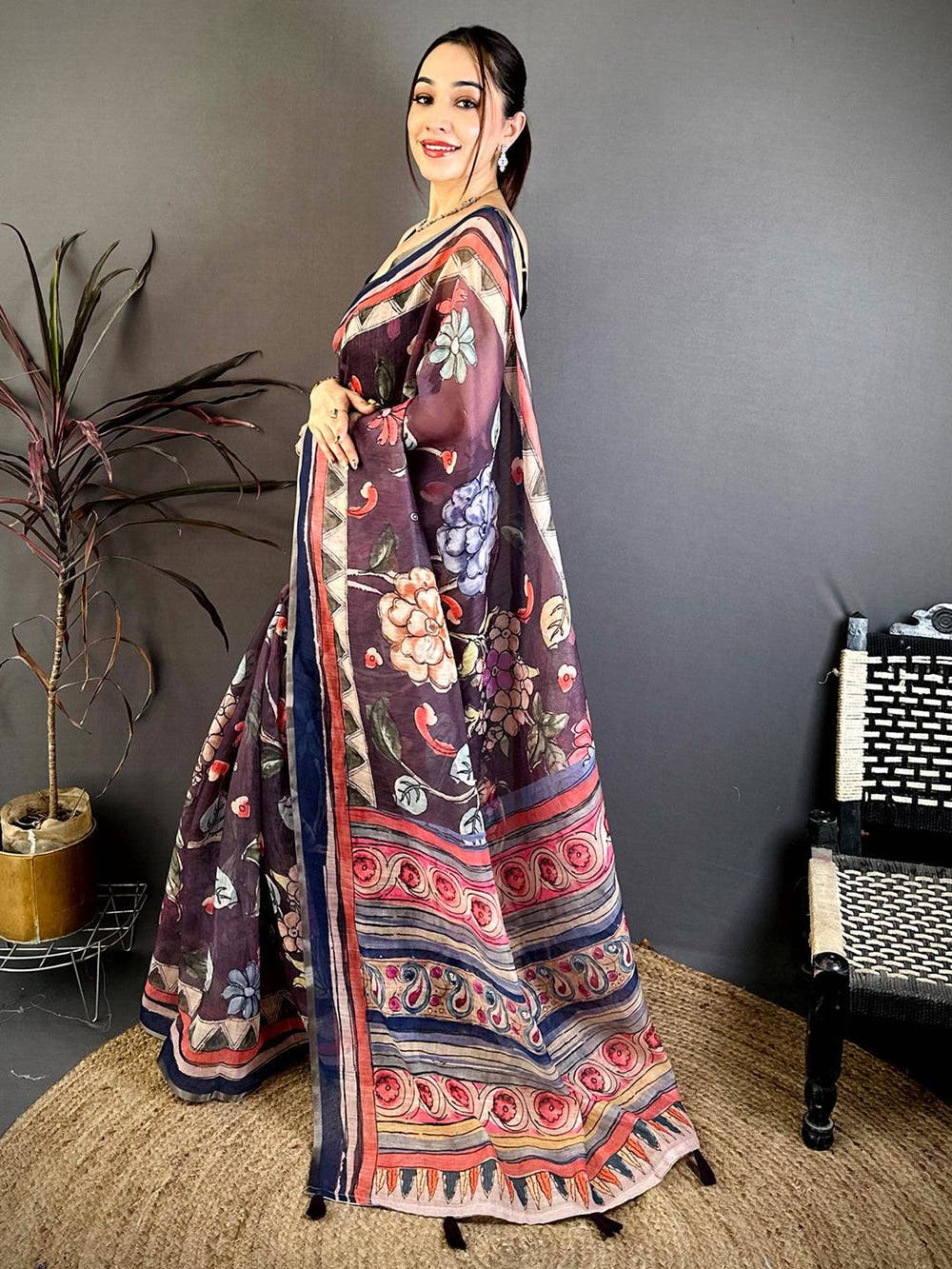 Purple Free Hand Floral Linen Saree