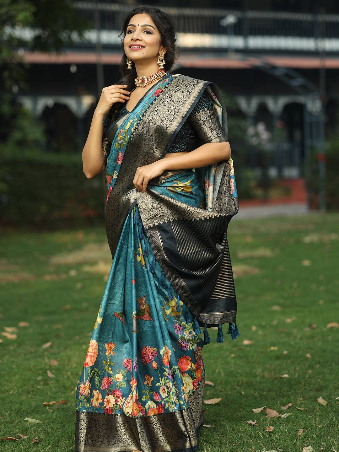Blue Pure Viscose Dola Silk Floral & Kalamkari Print Saree