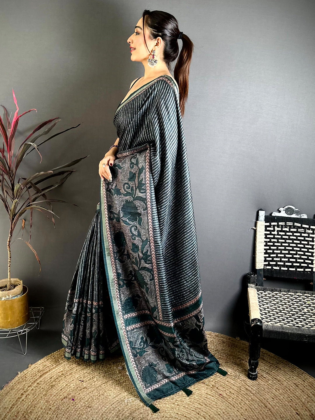 Bottle Green Digital Katha Work Saree