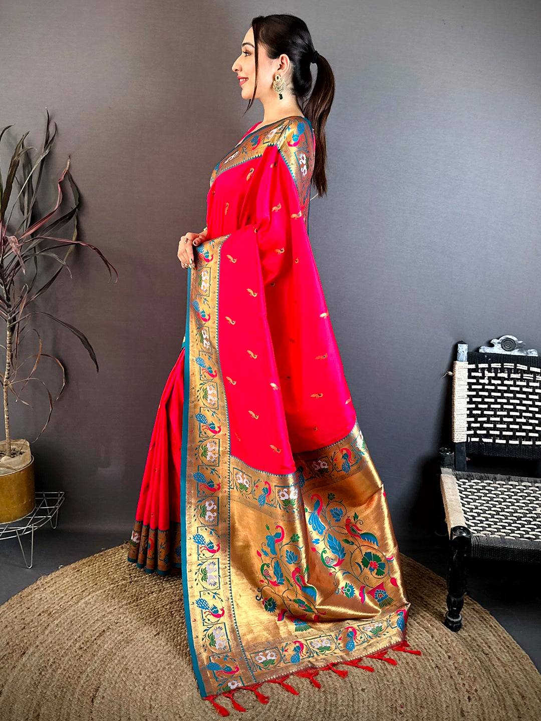 Rani Pink Minakari Tall Border Soft Silk Saree