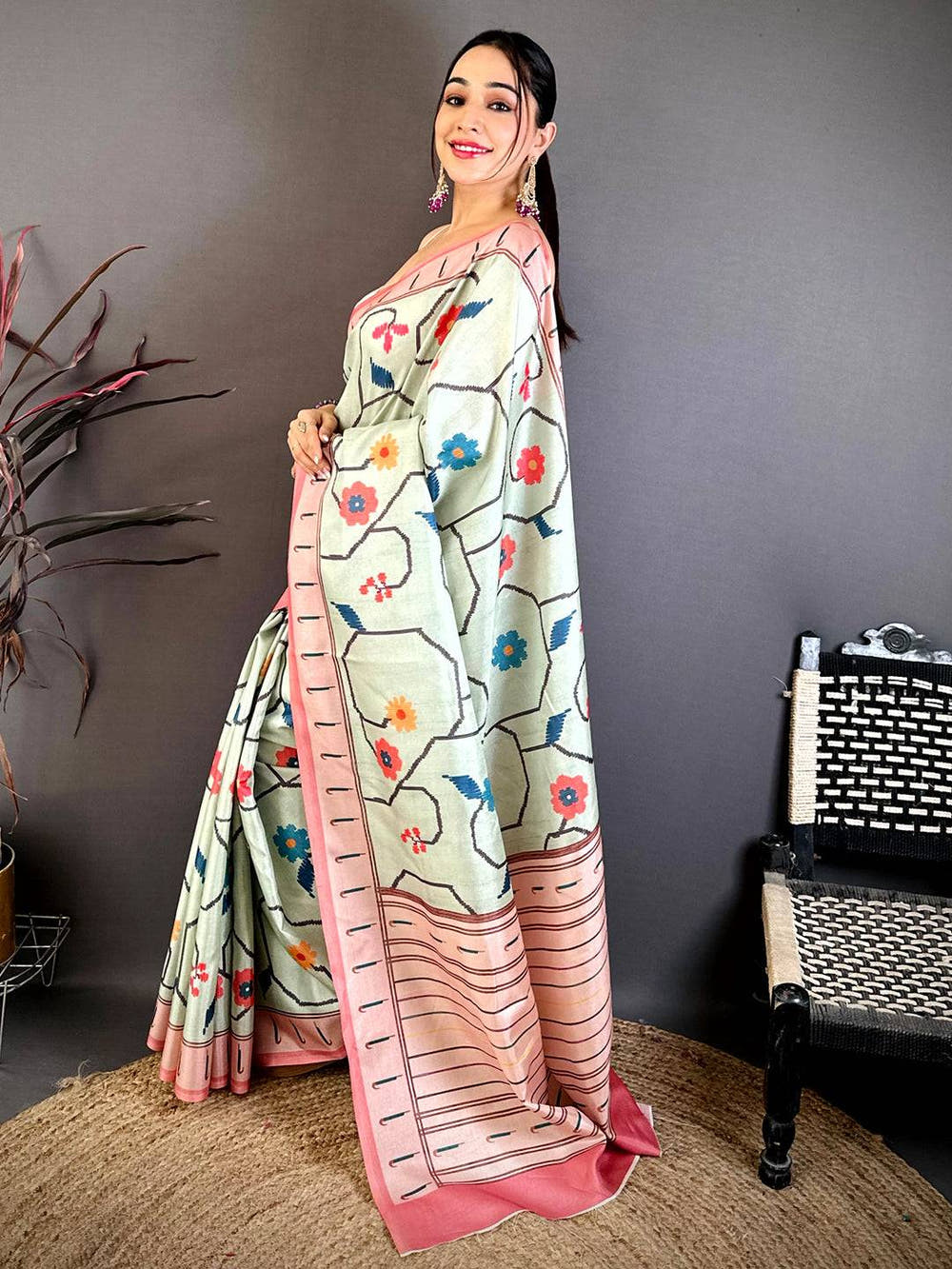 Royal Tussar Ikkat Meenakari Print Saree