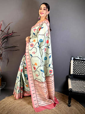 Royal Tussar Ikkat Meenakari Print Saree